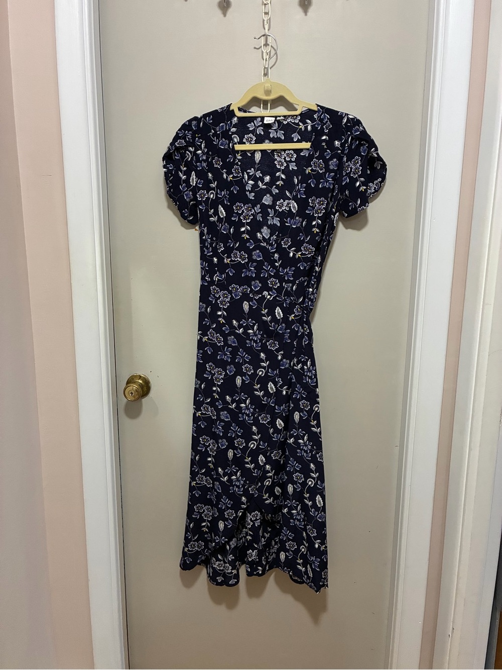 GAP Navy Floral Midi Wrap Dress with Puff Sleeves